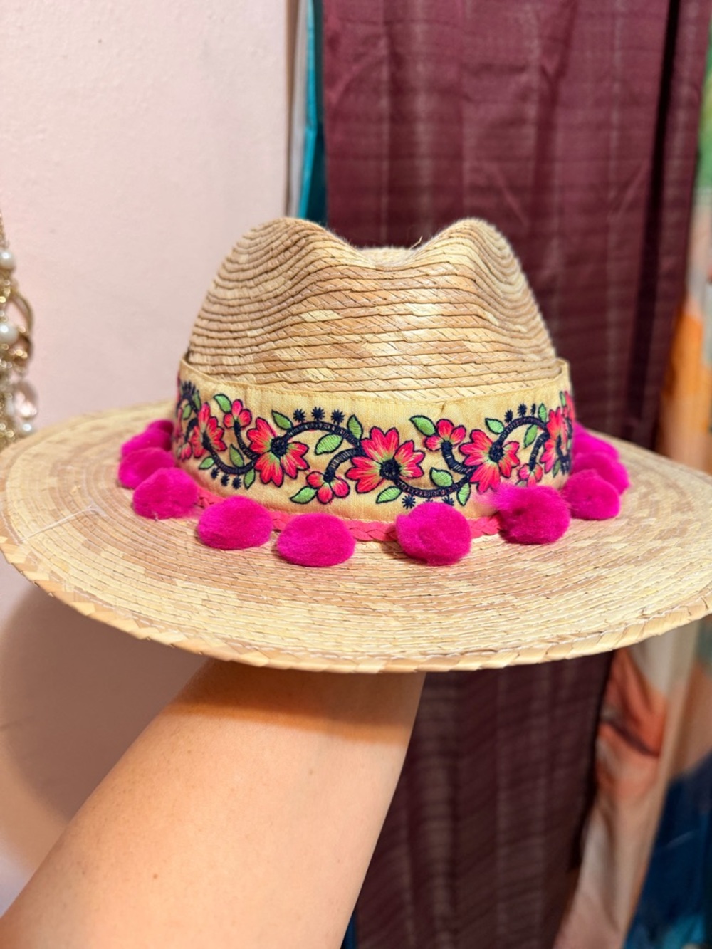Natural Straw Hat with Pink Pom Pom Trim and Embroidered Floral Band